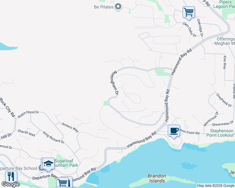 map of restaurants, bars, coffee shops, grocery stores, and more near Nottingham Drive in Nanaimo