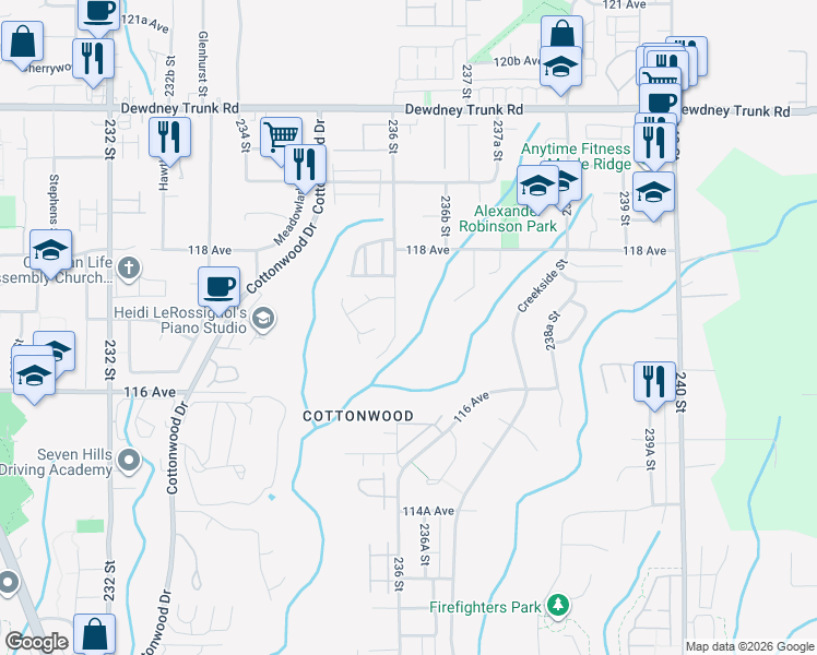 map of restaurants, bars, coffee shops, grocery stores, and more near 11700 236 Street in Maple Ridge