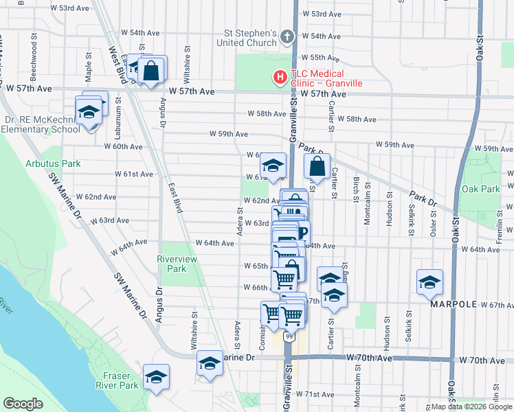 map of restaurants, bars, coffee shops, grocery stores, and more near 1562 West 62nd Avenue in Vancouver