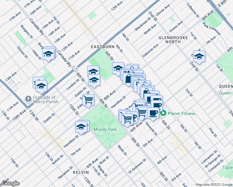 map of restaurants, bars, coffee shops, grocery stores, and more near 708 Eighth Avenue in New Westminster