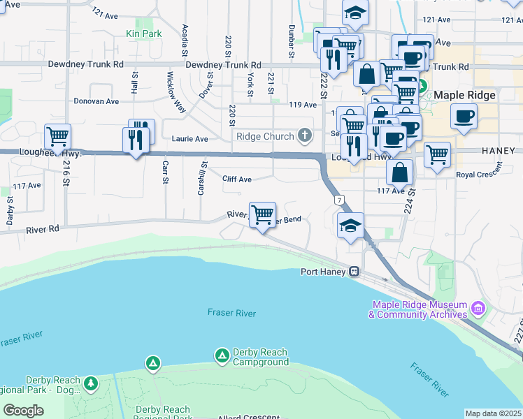 map of restaurants, bars, coffee shops, grocery stores, and more near 11717 Lighthouse Court in Maple Ridge