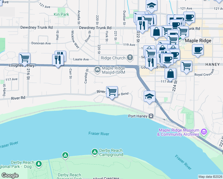 map of restaurants, bars, coffee shops, grocery stores, and more near 11717 Lighthouse Court in Maple Ridge