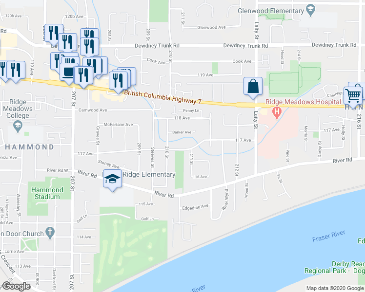 map of restaurants, bars, coffee shops, grocery stores, and more near 21019 117 Avenue in Maple Ridge