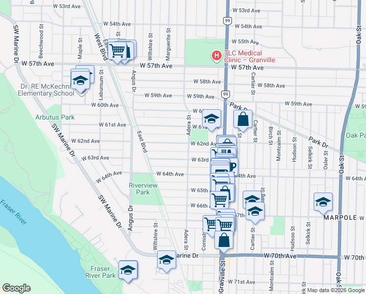map of restaurants, bars, coffee shops, grocery stores, and more near 1618 West 62nd Avenue in Vancouver