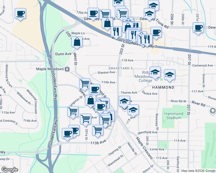 map of restaurants, bars, coffee shops, grocery stores, and more near 11649 202B Street in Maple Ridge