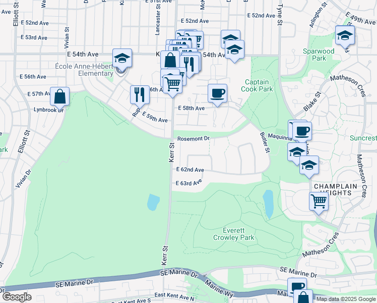 map of restaurants, bars, coffee shops, grocery stores, and more near 7733 Munroe Crescent in Vancouver