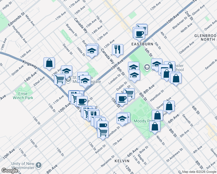 map of restaurants, bars, coffee shops, grocery stores, and more near 914 London Street in New Westminster