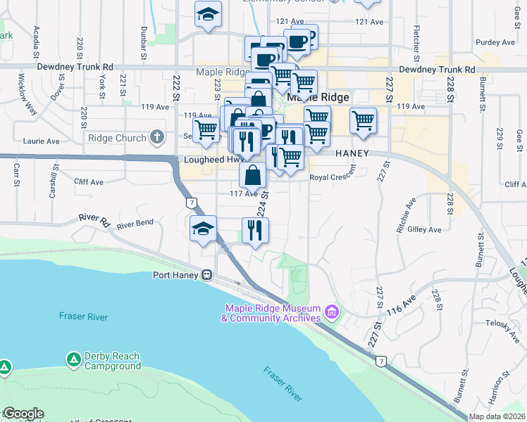 map of restaurants, bars, coffee shops, grocery stores, and more near in Maple Ridge