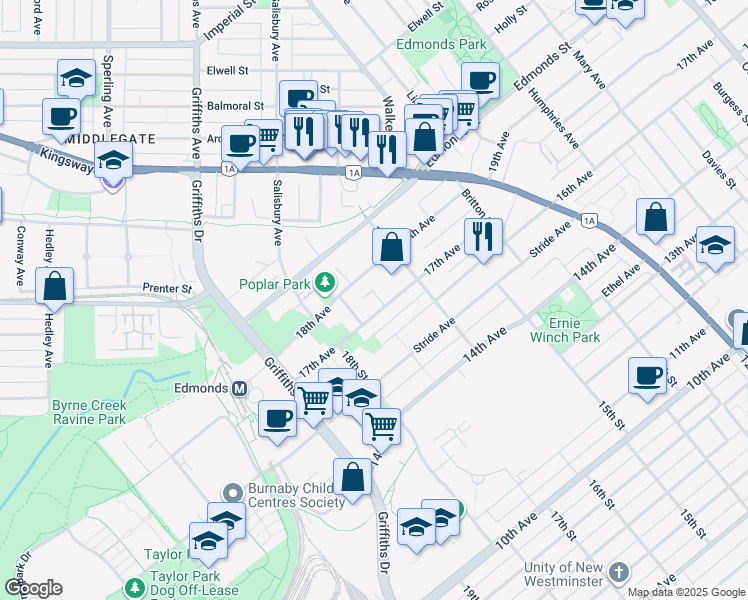 map of restaurants, bars, coffee shops, grocery stores, and more near 7152 18th Avenue in Burnaby