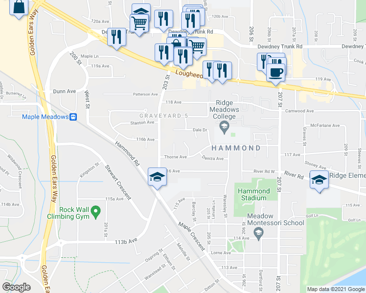 map of restaurants, bars, coffee shops, grocery stores, and more near 11721 Furukawa Place in Maple Ridge