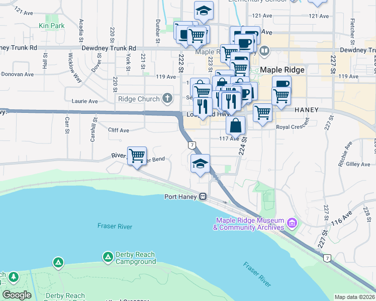 map of restaurants, bars, coffee shops, grocery stores, and more near in Maple Ridge