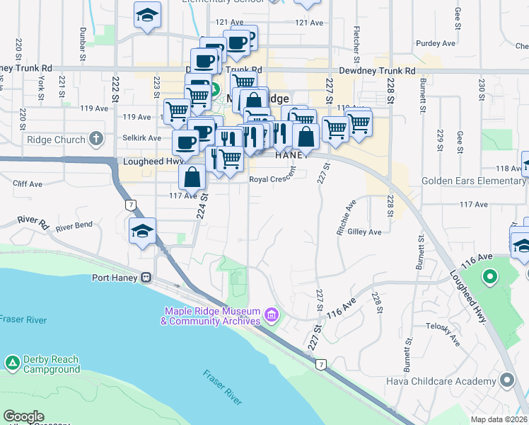 map of restaurants, bars, coffee shops, grocery stores, and more near 22529 Brickwood Close in Maple Ridge