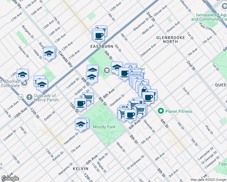 map of restaurants, bars, coffee shops, grocery stores, and more near 303 8th Avenue in New Westminster