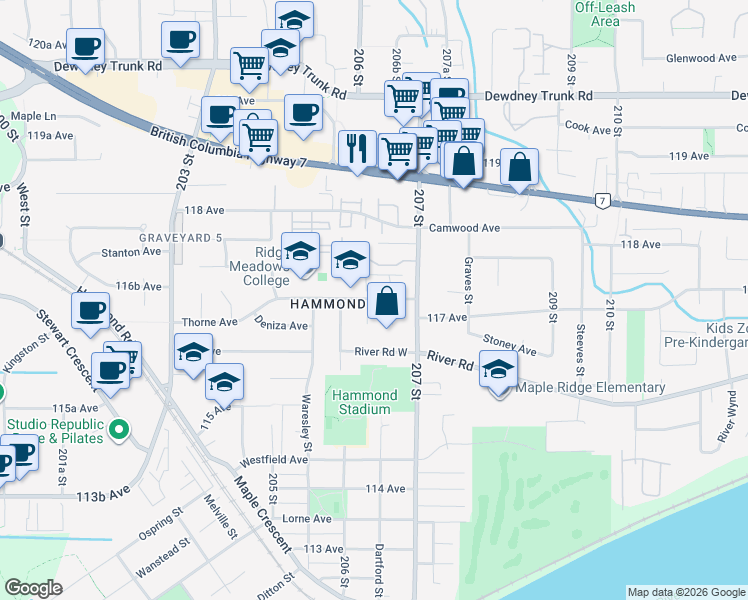 map of restaurants, bars, coffee shops, grocery stores, and more near 11698 206A Street in Maple Ridge
