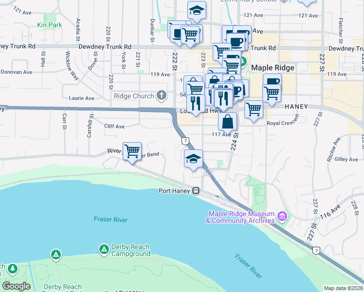 map of restaurants, bars, coffee shops, grocery stores, and more near in Maple Ridge