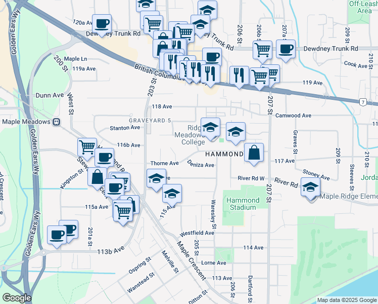map of restaurants, bars, coffee shops, grocery stores, and more near 20463 Thorne Avenue in Maple Ridge