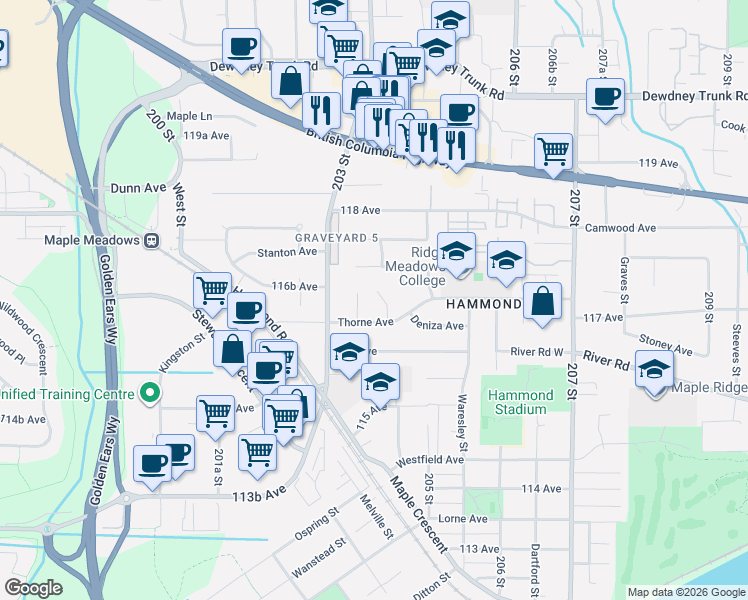 map of restaurants, bars, coffee shops, grocery stores, and more near 11721 Furukawa Place in Maple Ridge