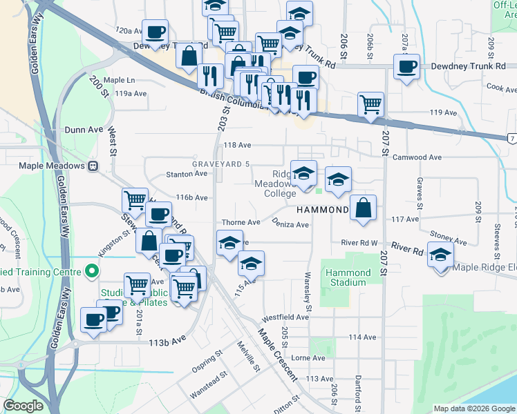 map of restaurants, bars, coffee shops, grocery stores, and more near 11721 Furukawa Place in Maple Ridge