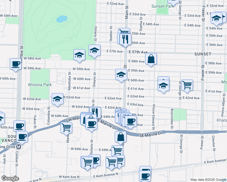 map of restaurants, bars, coffee shops, grocery stores, and more near 138 East 61st Avenue in Vancouver