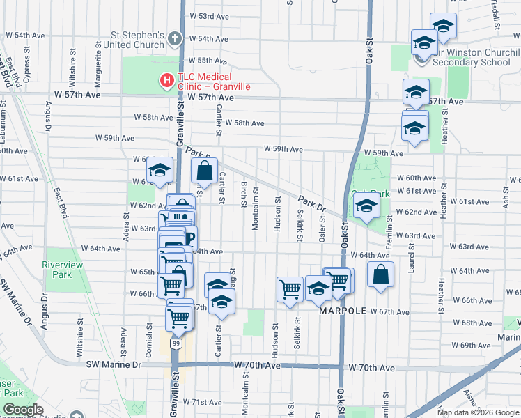map of restaurants, bars, coffee shops, grocery stores, and more near 7806 Montcalm Street in Vancouver