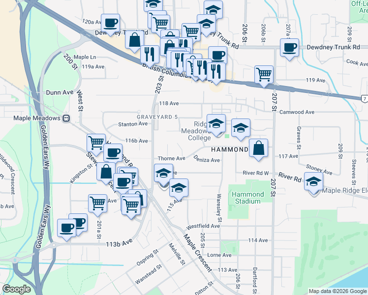 map of restaurants, bars, coffee shops, grocery stores, and more near 11708 Furukawa Place in Maple Ridge