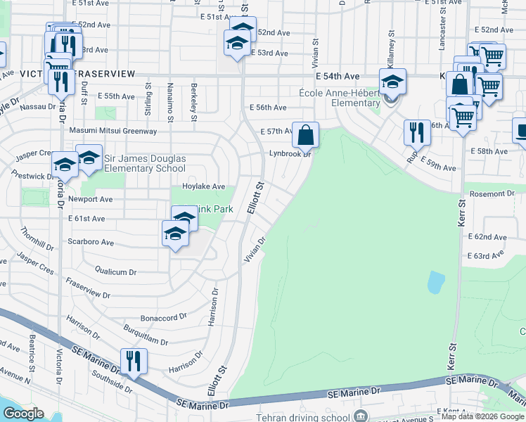 map of restaurants, bars, coffee shops, grocery stores, and more near 2635 Bobolink Avenue in Vancouver