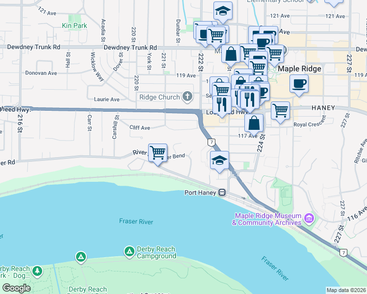 map of restaurants, bars, coffee shops, grocery stores, and more near 11763 Driftwood Drive in Maple Ridge