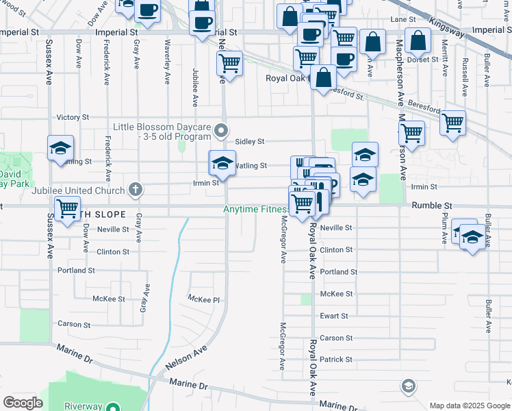 map of restaurants, bars, coffee shops, grocery stores, and more near Rumble Street in Burnaby