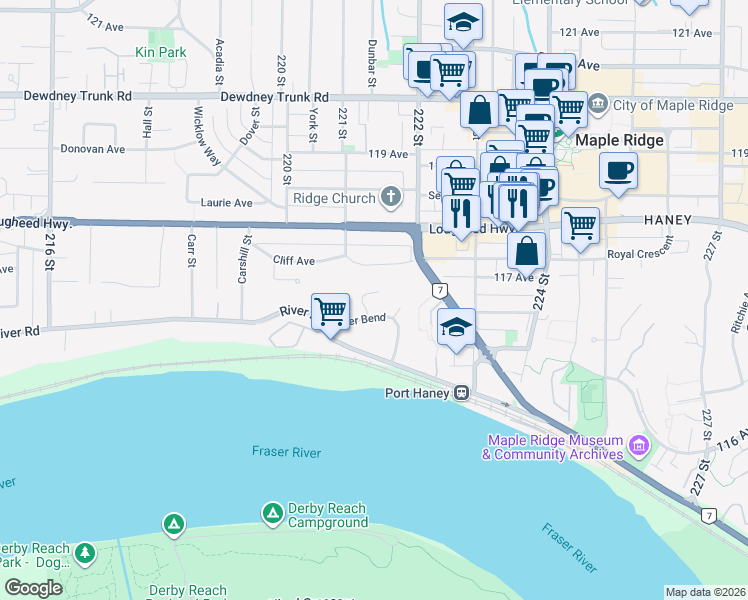 map of restaurants, bars, coffee shops, grocery stores, and more near 11763 Driftwood Drive in Maple Ridge