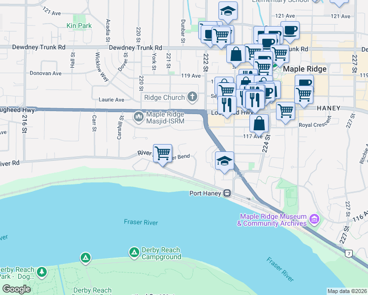 map of restaurants, bars, coffee shops, grocery stores, and more near 11771 Driftwood Drive in Maple Ridge