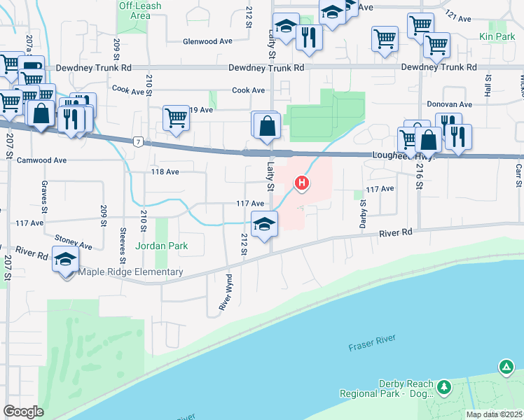 map of restaurants, bars, coffee shops, grocery stores, and more near 21254 117 Avenue in Maple Ridge
