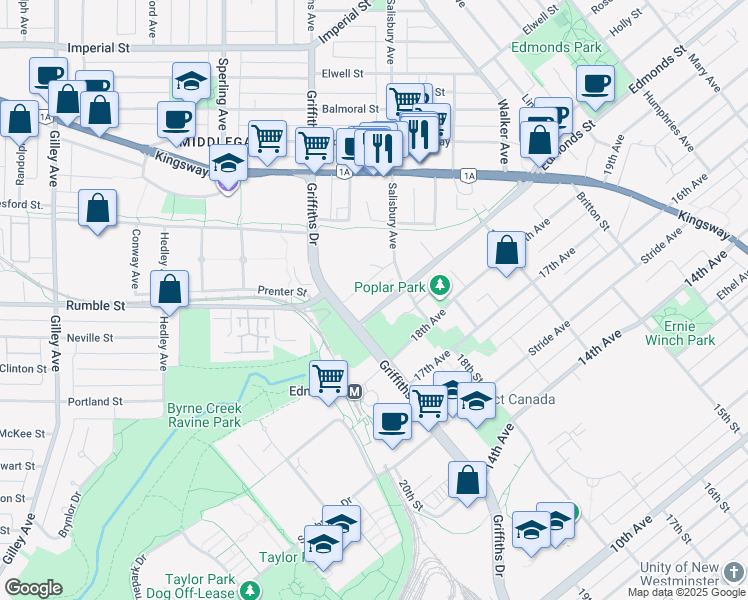 map of restaurants, bars, coffee shops, grocery stores, and more near 7071 Edmonds Street in Burnaby