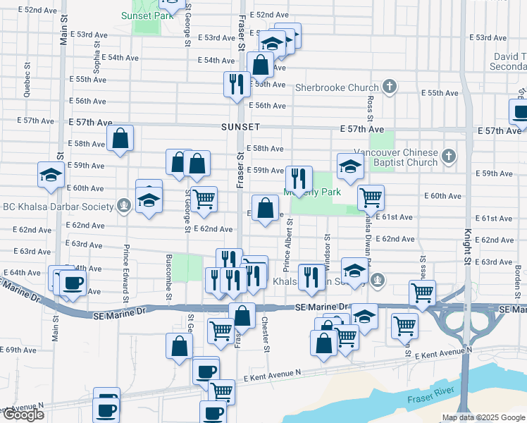map of restaurants, bars, coffee shops, grocery stores, and more near 741 East 61st Avenue in Vancouver