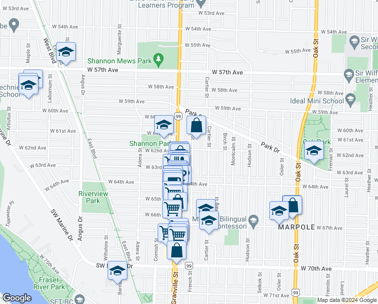 map of restaurants, bars, coffee shops, grocery stores, and more near 1460 West 62nd Avenue in Vancouver