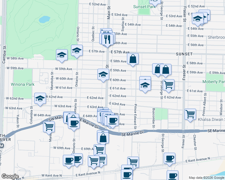 map of restaurants, bars, coffee shops, grocery stores, and more near 228 East 61st Avenue in Vancouver