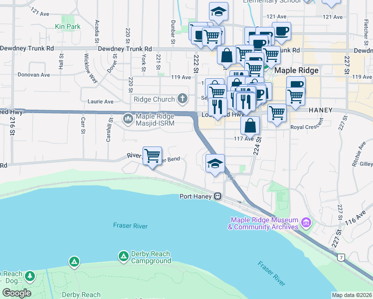map of restaurants, bars, coffee shops, grocery stores, and more near 11713 Brookmere Court in Maple Ridge