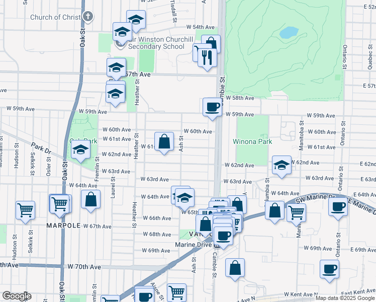 map of restaurants, bars, coffee shops, grocery stores, and more near 578 West 61st Avenue in Vancouver