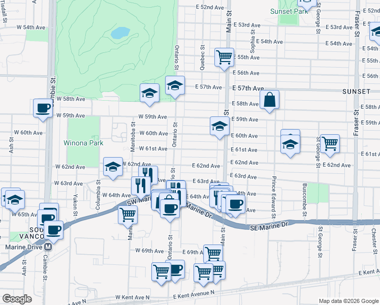 map of restaurants, bars, coffee shops, grocery stores, and more near 62 East 61st Avenue in Vancouver