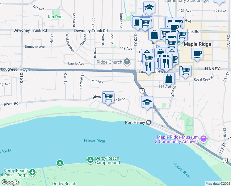 map of restaurants, bars, coffee shops, grocery stores, and more near 11721 Driftwood Drive in Maple Ridge