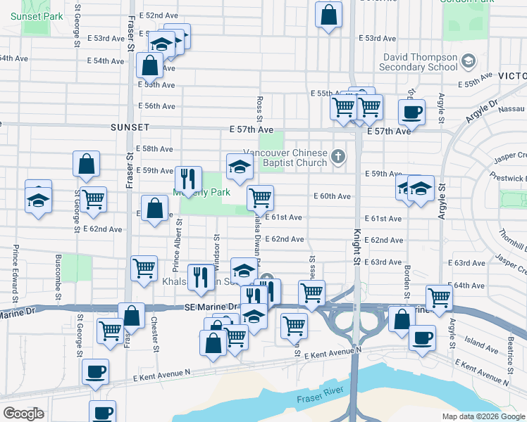 map of restaurants, bars, coffee shops, grocery stores, and more near 1115 East 61st Avenue in Vancouver
