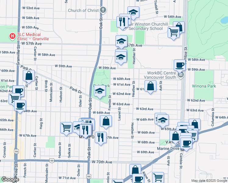 map of restaurants, bars, coffee shops, grocery stores, and more near 879 West 62nd Avenue in Vancouver