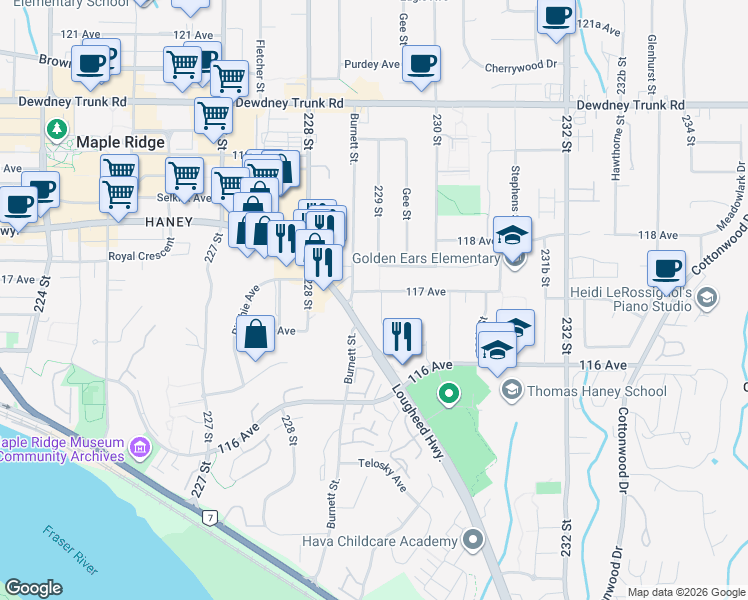 map of restaurants, bars, coffee shops, grocery stores, and more near 22904 117 Avenue in Maple Ridge