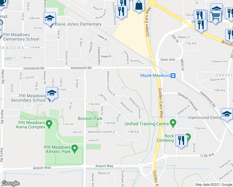 map of restaurants, bars, coffee shops, grocery stores, and more near 19865 Wildwood Crescent North in Pitt Meadows