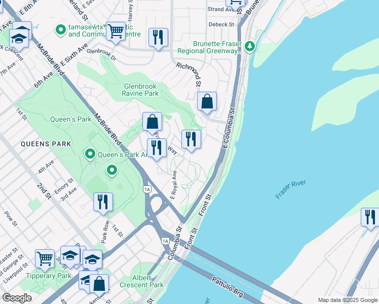 map of restaurants, bars, coffee shops, grocery stores, and more near 225 Francis Way in New Westminster