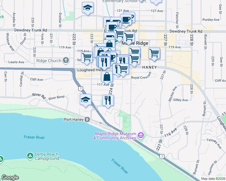map of restaurants, bars, coffee shops, grocery stores, and more near in Maple Ridge