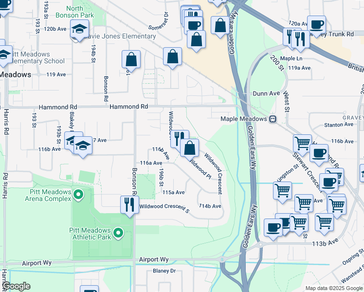 map of restaurants, bars, coffee shops, grocery stores, and more near 19781 Wildwood Crescent North in Pitt Meadows