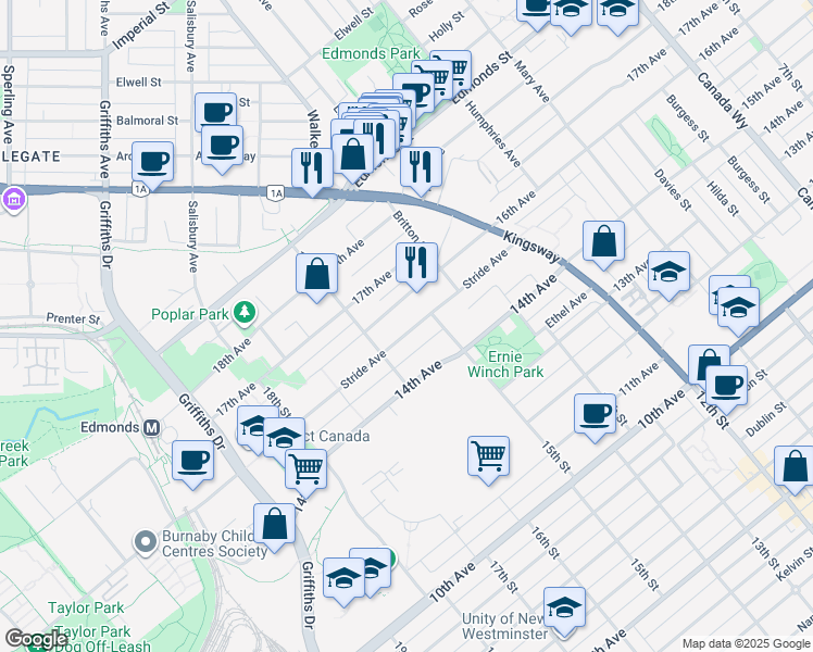 map of restaurants, bars, coffee shops, grocery stores, and more near 7237 Stride Avenue in Burnaby