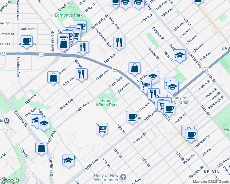 map of restaurants, bars, coffee shops, grocery stores, and more near 7327 Ethel Avenue in Burnaby