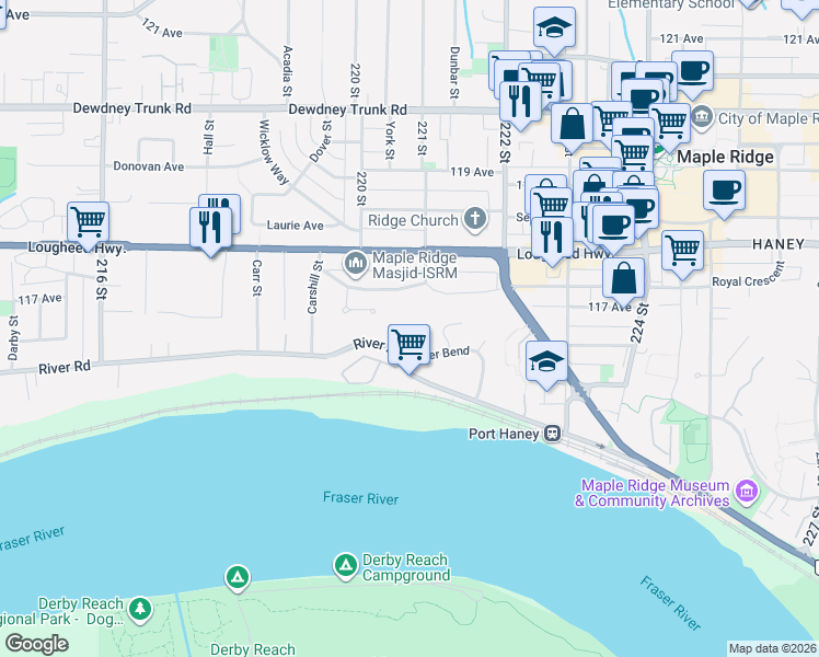 map of restaurants, bars, coffee shops, grocery stores, and more near 11723 Lighthouse Court in Maple Ridge