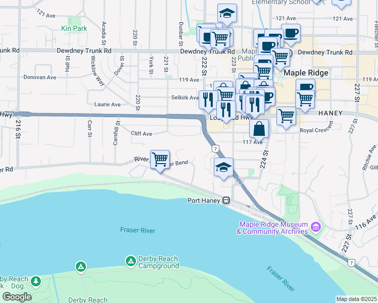 map of restaurants, bars, coffee shops, grocery stores, and more near 11763 Driftwood Drive in Maple Ridge